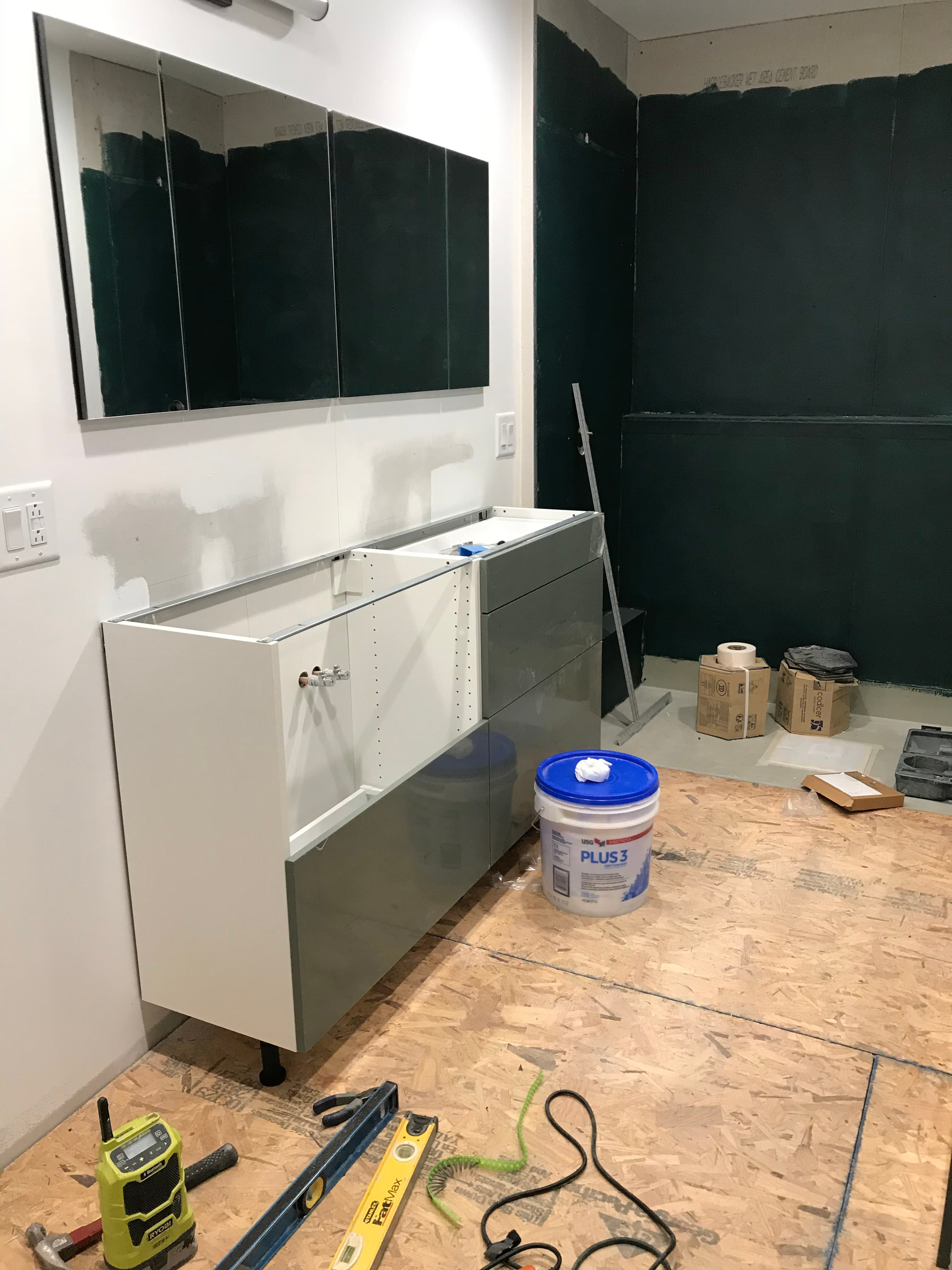 primary bathroom installation in progress, view 2