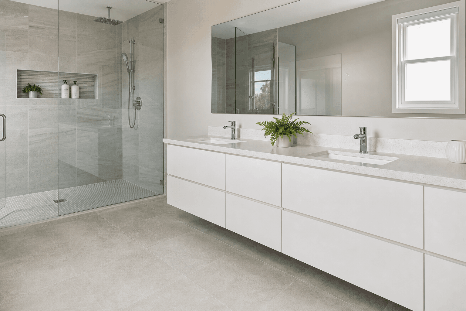 Full bathroom with floating double vanity cabinets