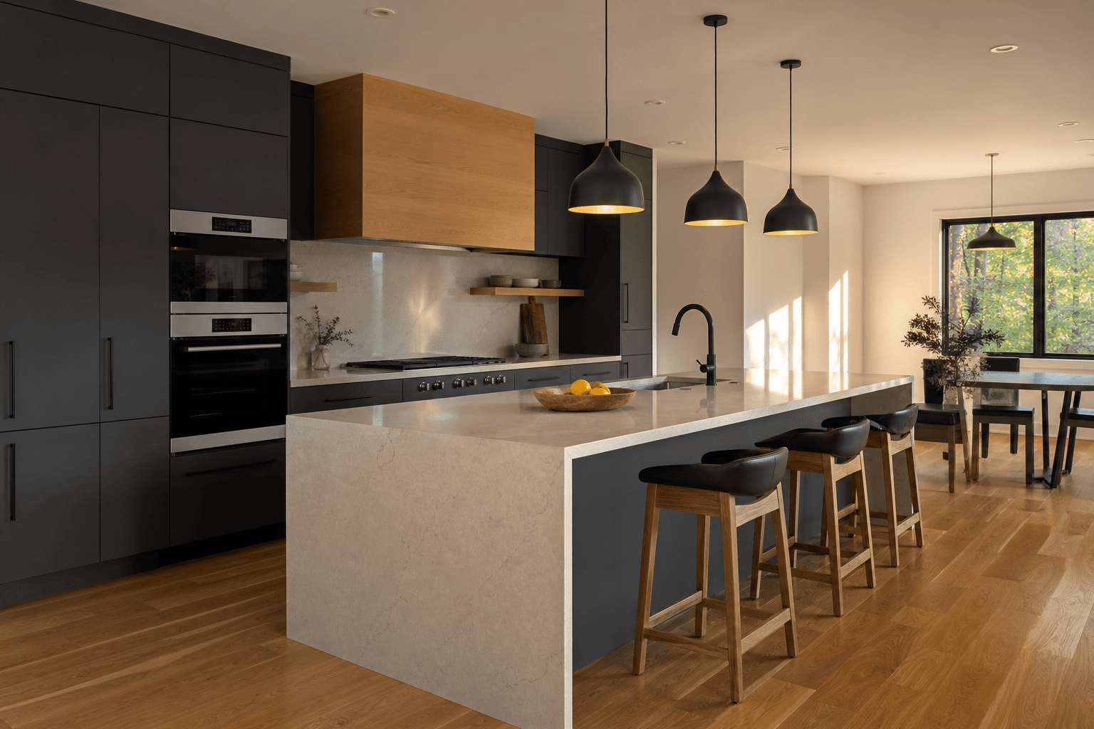 Charcoal modern kitchen with quartz waterfall island