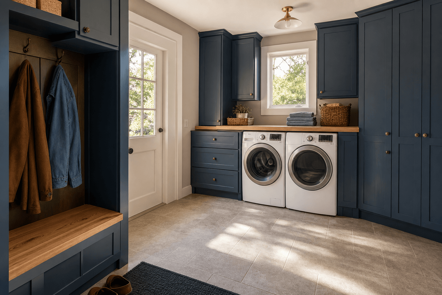 Navy mudroom laundry with bench and tall cabinetry